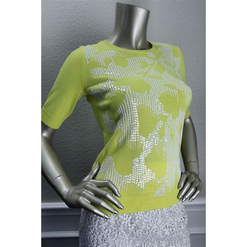$1590 New OSCAR de la RENTA Yellow White Stitch Sequin Virgin Wool Sweater Small